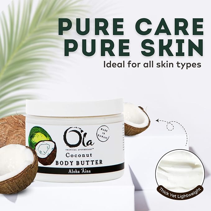 OLA Coconut Body Butter – Moisturizing with Pure Coconut Oil and Hawaiian Plant Extracts - Ideal for Dry Skin - 2.1oz