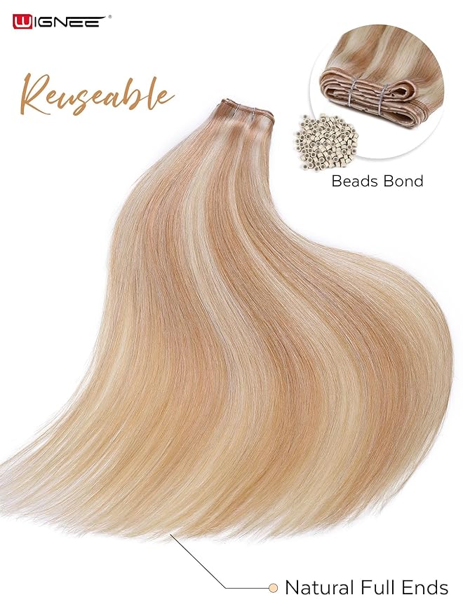 WIGNEE 100% Remy Double Wefts Invisible PU OVO Human Hair Extensions 18 Inch Micro Beads Real Human Hair Extensions Highlight Blonde Weft Hair Extensions Human Hair Glueless for white women(18/613)