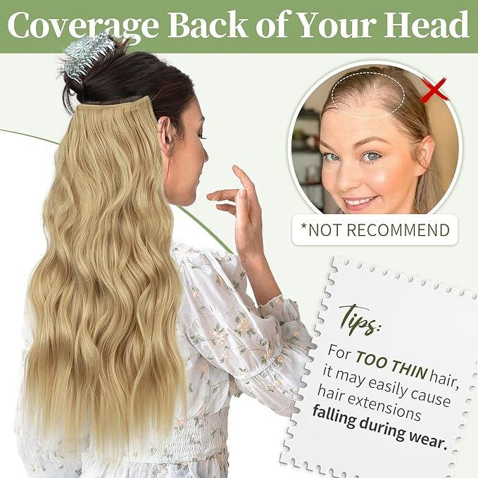 KooKaStyle Invisible Wire Hair Extensions with Transparent Wire Adjustable Size Long Wavy Synthetic Hairpiece Golden Blonde 20 Inch with 4 Secure Clips for Women