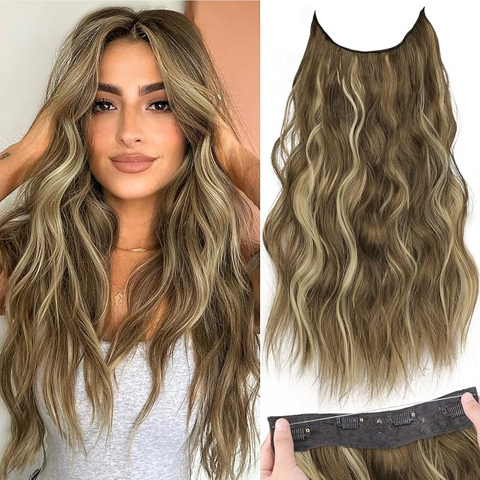 KooKaStyle Invisible Wire Hair Extensions with Transparent Headband Adjustable Size 4 Secure Clips Long Wavy Secret Wire Hairpiece 20 Inch for Women(Medium Brown with Blonde)626D#