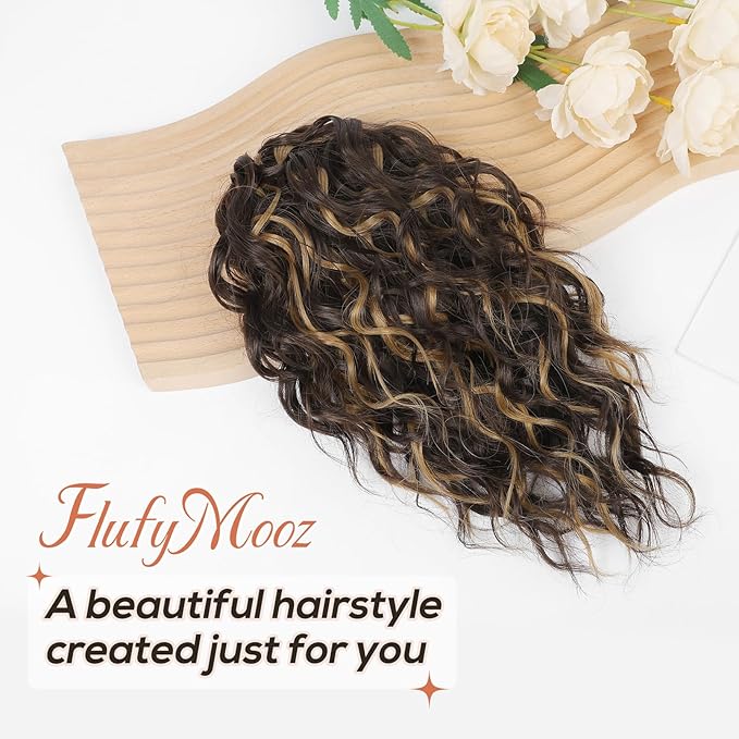 Flufymooz Ponytail Extension, 12" Short Claw Ponytail Wavy Curly Jaw Clip in Pony Tails Hair Extension Natural Synthetic Hairpiece for Women (Chocolate Brown with Blonde Highlights)