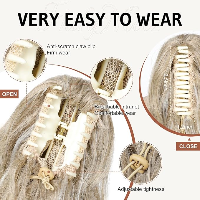 FLUFYMOOZ Ponytail Extension, 18 Inch Claw Clip Ponytail Extension, Wavy Curly Claw Clip in Ponytail Hair Extensions, Fake Ponytail Synthetic Hairpiece for Women (Blonde with White Blonde Highlights)