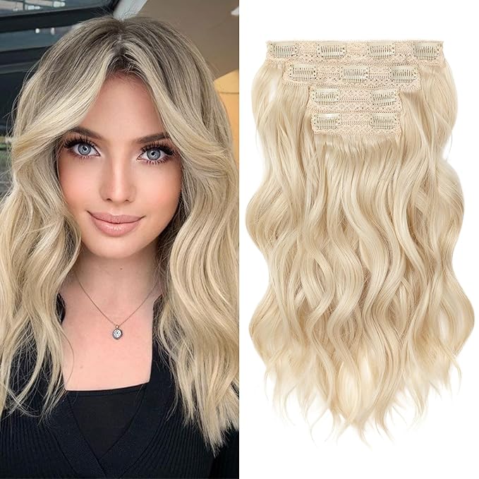 REECHO Hair Extensions, 4PCS Clip in Hair Extensions 14" Short Beach Wavy Invisible Lace Weft Natural Soft Hairpieces for Women – Natural Blonde