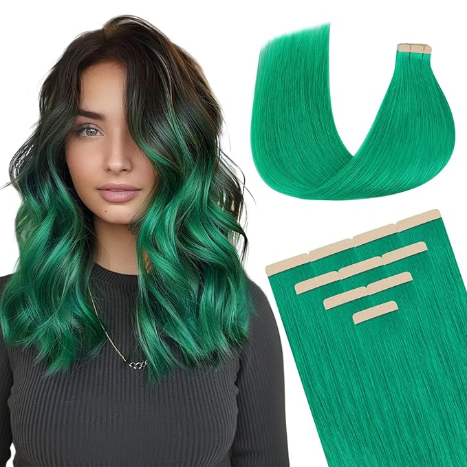 DOORES Human Hair Extensions, Green Tape in Hair Extensions 10pcs 22 Inch 30g, Straight Skin Weft Seamless Invisible Tape