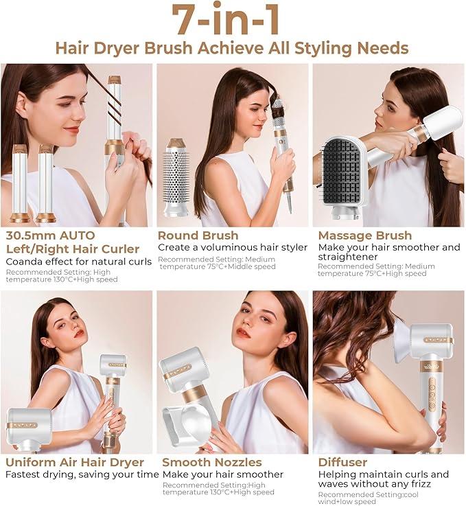 Blow Dryer Brush 7 in ONE，Autowrap Curling Wand, 110,000 RPM High-Speed Negative Ionic Hair Dryer with Diffuser Concentrator, Round Brush Blow Dryer Air Styler, Volumizing Hair Styling Tools