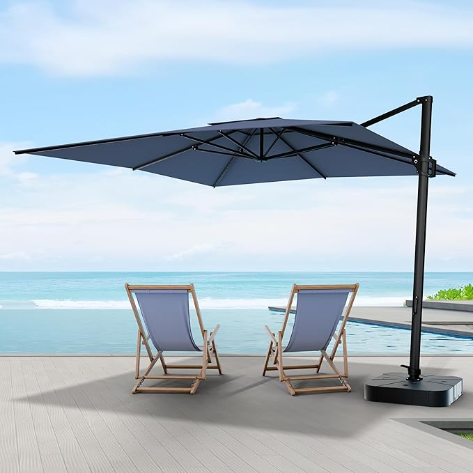 Midtown Umbrellas 9 x 9 Ft Outdoor Cantilever Patio Umbrella w/Terylast Light Navy Fabric - Rotate 360° Offset Patio Umbrella, Deck Patio Umbrella, Backyard Umbrella & Garden Umbrella - Black Frame