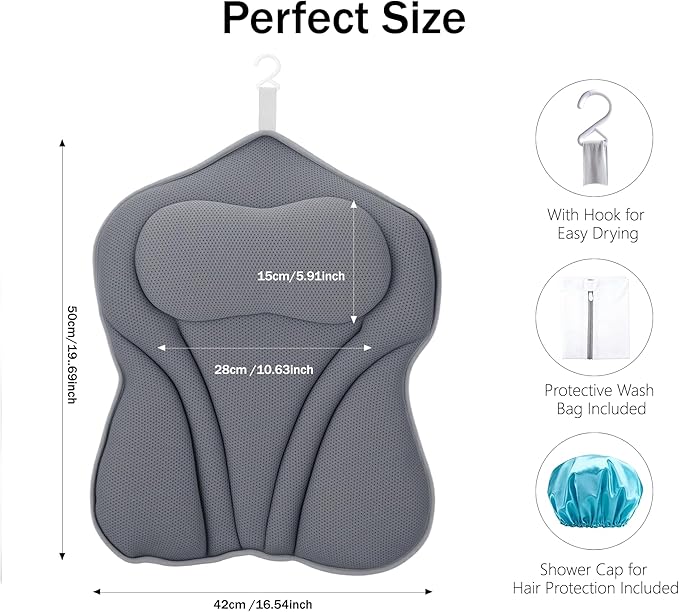 Bath Pillow for Tub - PYRRHIC Luxury Bathtub Pillow 5D Mesh with Neck & Back Support Non-Slip Suction Cups Fast Drying Soft Spa Pillow Relaxing Bath Accessories with Hook Laundry Bag Grey