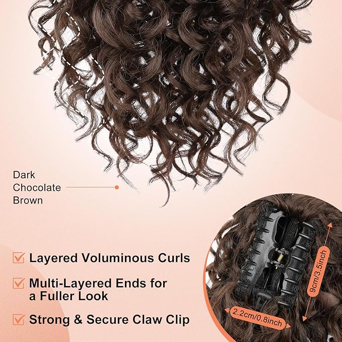 SEIKEA Ponytail Extension, 14" Claw Clip Ponytail Extension Wavy Curly Jaw Clip in Ponytail Hair Extensions Fluffy Natural Soft Fake Pony Tails Synthetic Hairpiece Dark Chocolate Brown