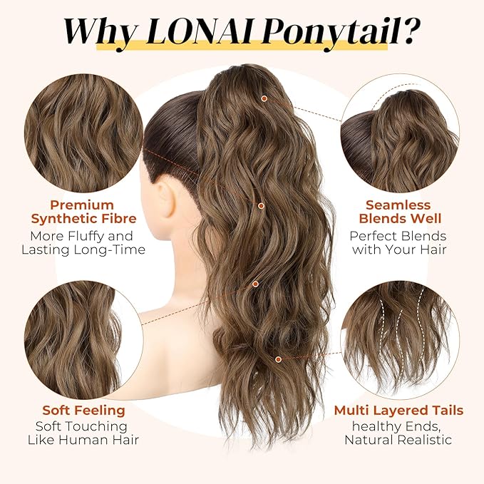 LONAI Ponytail Extension, 18" Wavy Claw Clip Ponytail Extensions ZJ001Curly Wavy Claw Clip in Hair Extensions Synthetic Fake Pony tails Hairpieces-Medium Brown Mixed