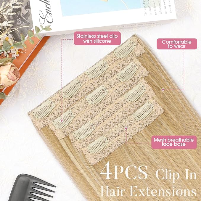 Clip in Hair Extensions Long Straight Synthetic Beige Blode 4 PCS Thick Hair Extensions Fiber Double Weft Hair Pieces for women 22 Inch