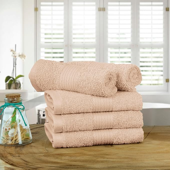 Ample Decor Washcloths Pack of 5 12 X 12 Inch, 600 GSM 100% Cotton Soft Absorbent, Premium Quality Durable Machine Washable, Ideal for Bathroom, Pool, Hotel, Spa – Beige