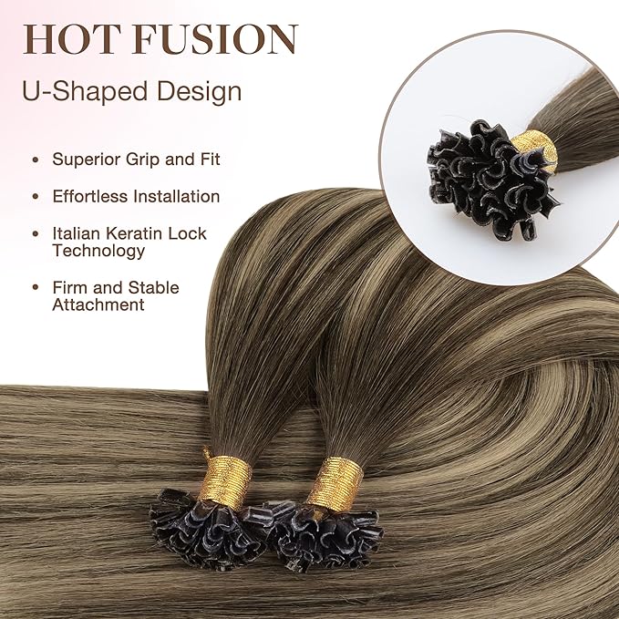 GOO GOO U Tip Hair Extensions Real Human Hair, 18inch 50g 50S, Hot Fusion U Tip Hair Extensions, Invisible Remy Hair Extensions, 4/26/4 Balayage Chocolate Brown to Honey Blonde
