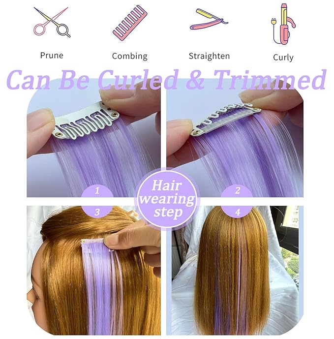 Rhyme Multi-colored Hair Extensions for Kids 21" Colored Clip in Hair Extensions Girls Hair Clips Party Highlights Hair Accessories 12 PCS (Light blue,Light purple)