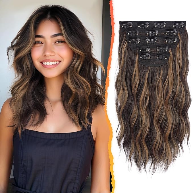 BARSDAR Short Wavy Clip in Hair Extensions - 14 Inch Dark Brown Blonde Highlights Hair Extensions for Women - 5PCs Thick Soft Synthetic Loose Wavy Clip in Hairpieces – Dark Brown with Highlights