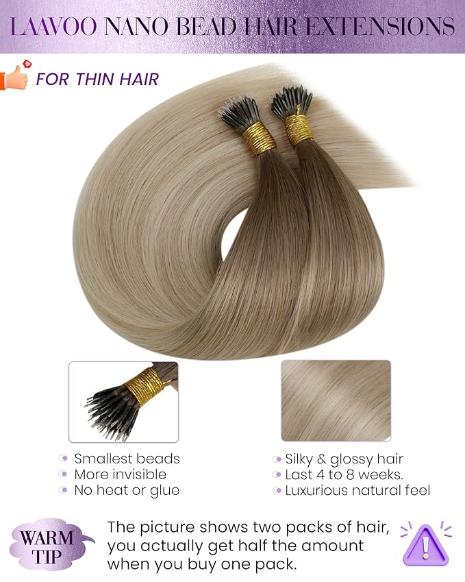 LaaVoo Nano Bead Human Hair Extensions Ombre Light Brown to Ash Blonde with Platinum Blonde Nano Hair Extensions Human Hair Silky Straight 22 Inch 50g/s
