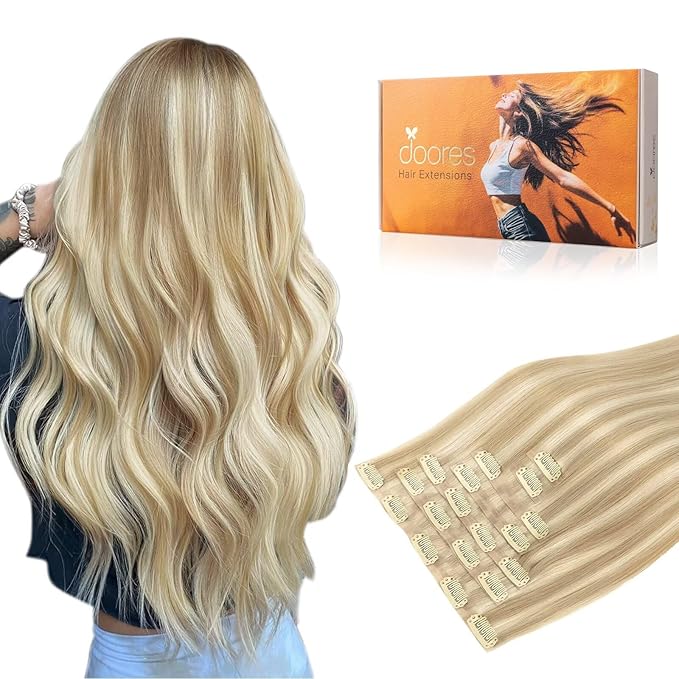 DOORES Clip in Hair Extensions Seamless, Dark Blonde Highlighted Bleach Blonde 18 Inch 130g 7pcs, Virgin Thick Human Hair Clip in Extensions