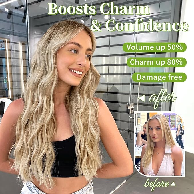 KooKaStyle Invisible Wire Hair Extensions with Transparent Wire Headband Adjustable Size 4 Secure Clips Long Wavy Hairpiece for Women(Beige Blonde mix Lvory Blonde Highlights 24inch)