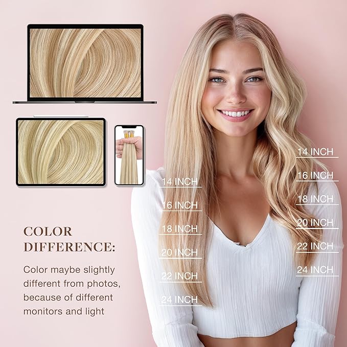 GOO GOO I Tip Hair Extensions Real Human Hair, 16inch 50g 100S, Cold Fusion I Tip Hair Extensions, Invisible Remy Hair Extensions, 18A/613A Dark Blonde Highlighted Bleach Blonde