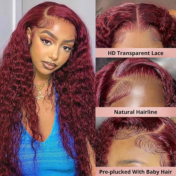 20 Inch 13x6 99j Burgundy Lace Front Wigs Human Hair Wigs For Women 180% Density 99J HD Deep Wave Lace Frontal Wigs Curly Wine Burgundy Wig Pre Plucked With Baby Hair