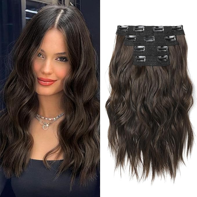 Hair Extensions, 14" Short Clip in Hair Extensions 4PCS Beach Wave Blonde Natural Soft Synthetic Hairpiece for Women - Chocolate Brown