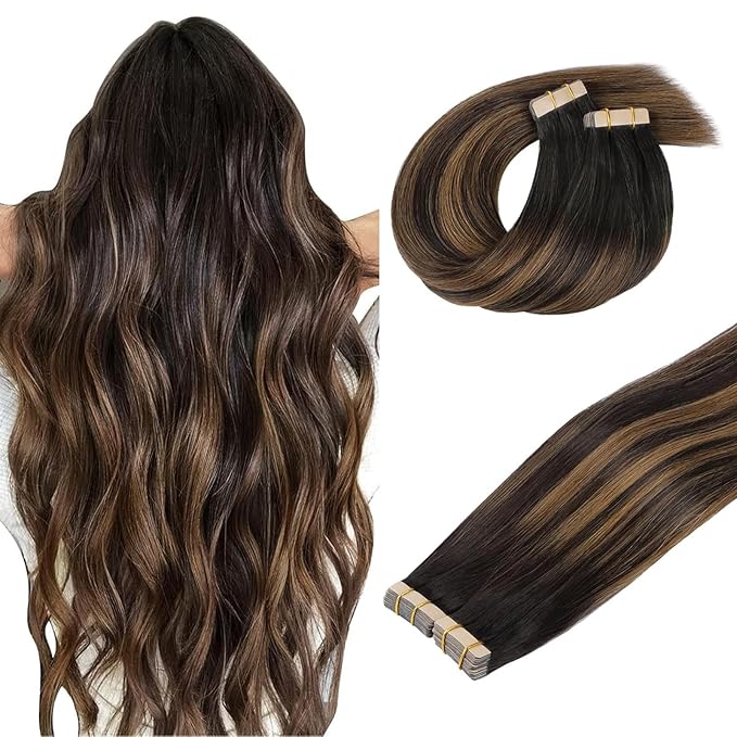 DOORES Human Hair Extensions Tape in, Balayage Dark Brown to Chestnut Brown 40pcs 100g 14 Inch, Natural Hair Extensions Tape in Seamless Straight Real Hair Extensions