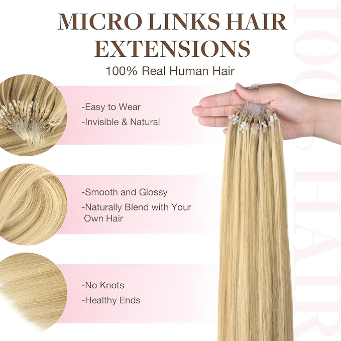 GOO GOO Micro Link Tip Hair Extensions, Real Human Hair, 22inch 50g 50S, Cold Fusion, Invisible Remy, 16/22 Light Blonde Highlighted Golden Blonde