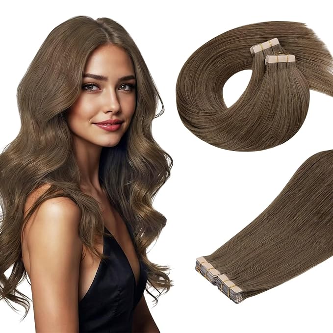 DOORES Tape in Hair Extensions, Light Ash Brown 12 Inch 80g 40pcs, Hair Extensions Human Hair Tape in Straight Hair Remy Hair Seamless Hair Extensions Skin Weft