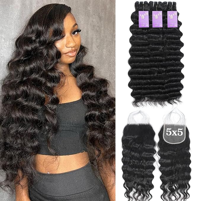 FASHION PLUS Loose Deep Wave Raw Bundles with Closure Human Hair (26 28 30+20") 5x5 HD Lace Closure With Bundles 15A Raw Brazilian Loose Wave Human Hair Bundles with Closure Triple Lifespan