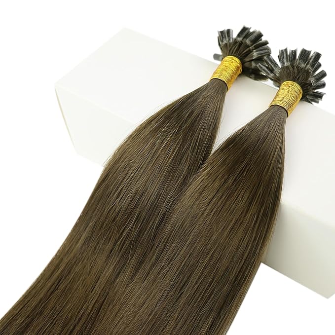 Fshine Middle Brown Nail Tip Human Hair Extensions 14 Inch Keratin Bondings Hair Extensions Soft Human Hair Chocolate Brown U Tip Hair Extensions Straight Hair 40g/50s