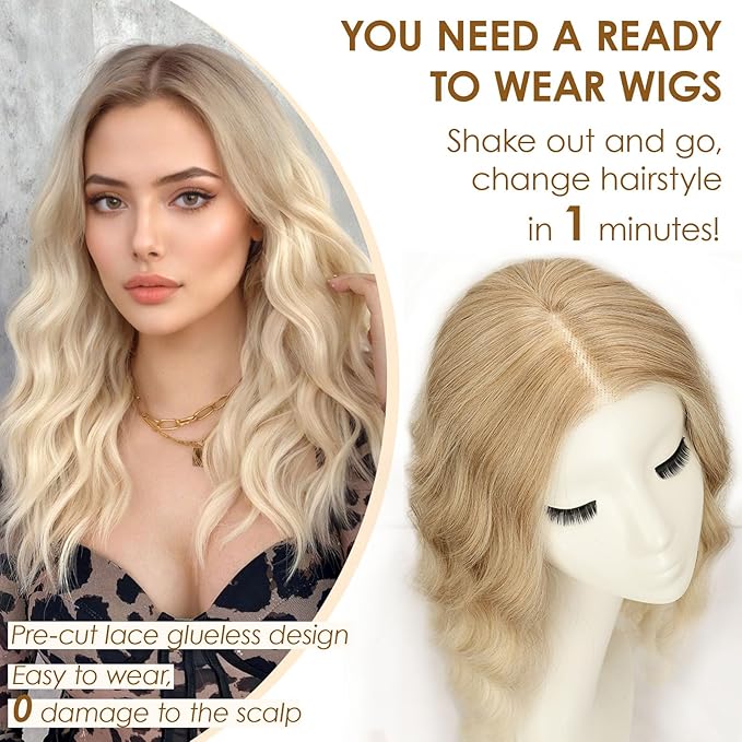 AISI HAIR Blonde Wig for Women Medium Length Wave Curly Glueless Synthetic Heat Resistant Hair Wigs for Daily Party Cosplay