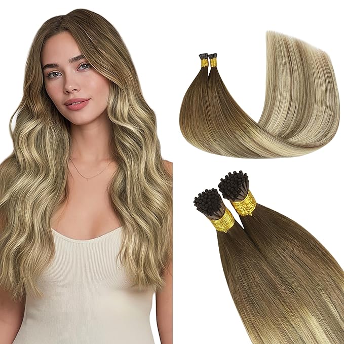 GOO GOO I Tip Hair Extensions Real Human Hair, 18inch 100g 100S, Cold Fusion I Tip, Invisible Remy Hair Extensions, 3/8/613 Balayage Walnut Brown to Ash Brown and Bleach Blonde