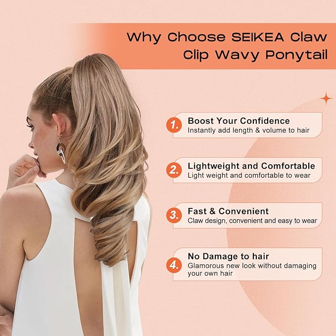 SEIKEA Ponytail Extension, 18" Wavy Claw Clip in Hair Extensions for Women, Lightweight Fluffy Synthetic Ponytail Hairpiece, Natural Soft & Easy to Wear, for Short & Medium Hair Choco-Brown/Highlight