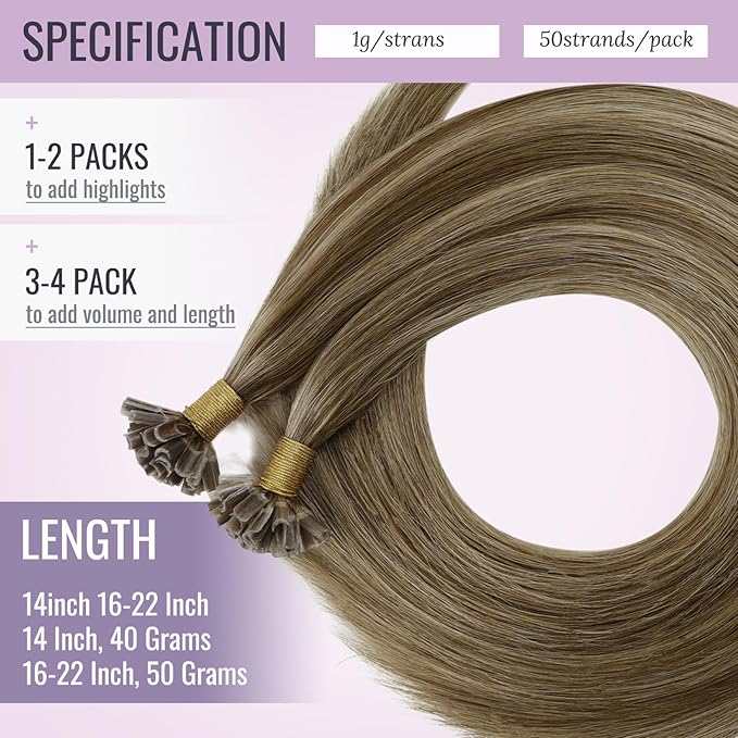 Fshine U Tip Extensions Real Human Hair Color 4 Highlighted 27 Brown and Honey Blonde K Tip Hair Extensions 18 Inch Hair Extensions for Short Hair Keratin Tip Extensions 1g/Strand 50g/Pack