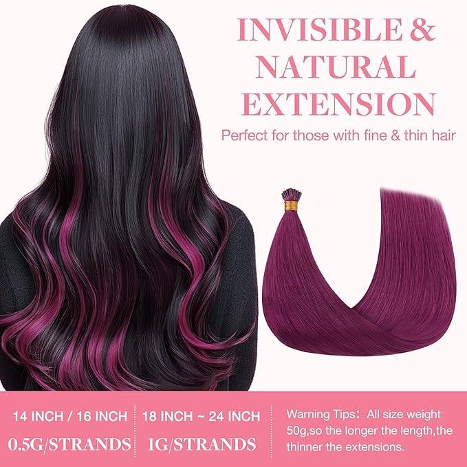 GOO GOO Colored I Tip Hair Extensions, Real Human Hair, 14inch 50g 100S, Cold Fusion, Invisible Remy, Violet