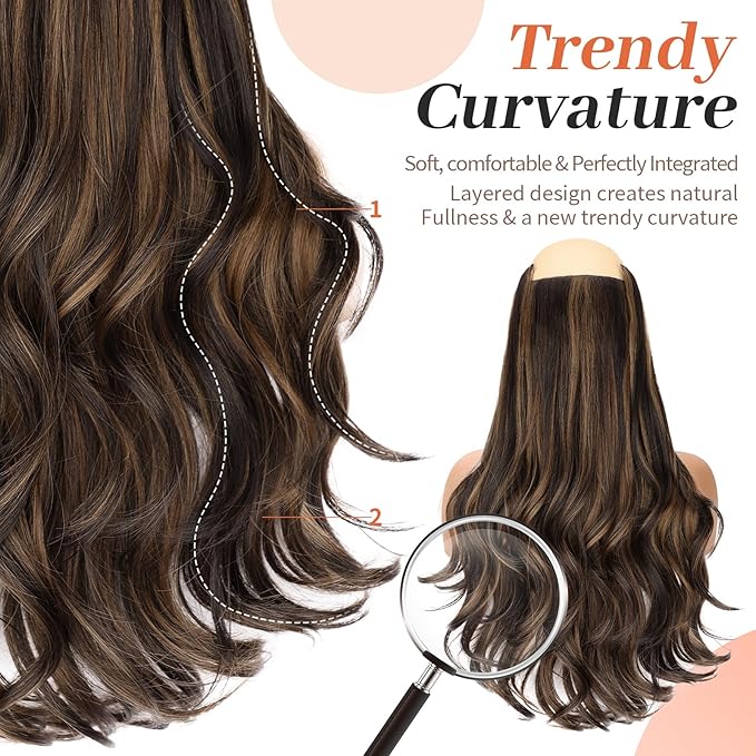 Kookastyle Clip in Hair Extensions, Natural Long Layered Soft Invisible Synthetic Curly Hairpieces for Women,4 pcs(20 Inch,Balayage Chocolate Brown to Caramel Blonde)