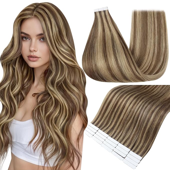 Full Shine Tape in Extensions Color 4 Brown Highlights with 27 Honey Blonde Remy Hair Extensions Tape Ins 20pcs Invisible Tape Hair Extensions 22 Inch 50 Gram Seamless Soft Extensions