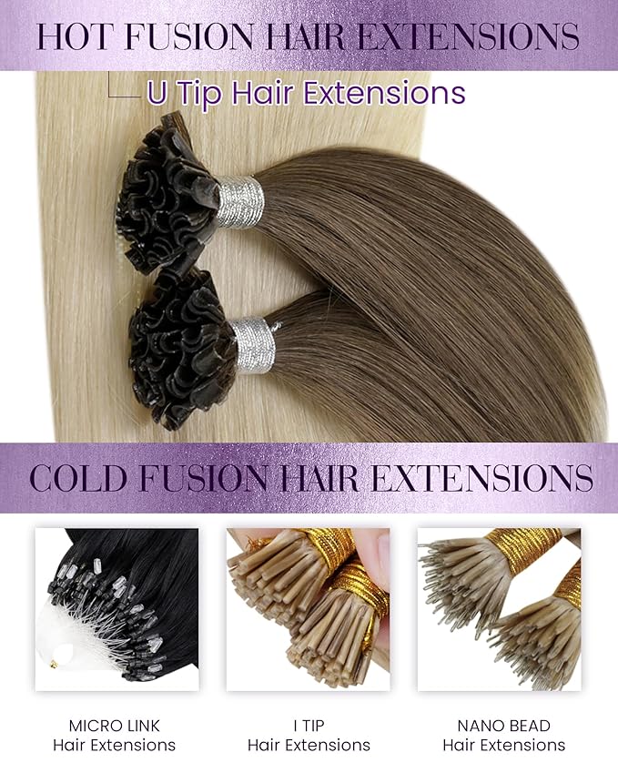 LaaVoo U Tip Hair Extensions Human Hair Light Brown Fading to Light Blonde Ktip Human Hair Extensions Straight Soft 20 Inch 1g/1s 50g/pack