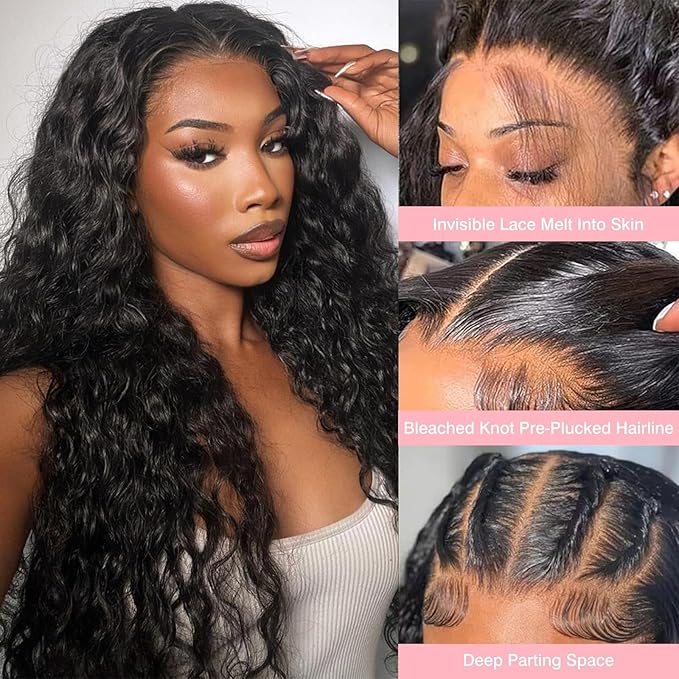 13x6 Deep Wave Lace Front Wigs Human Hair Wigs for Women 180% Density HD Transparent Deep Curly Lace Frontal Wigs Human Hair Pre Plucked with Baby Hair Natural Color 36 Inch