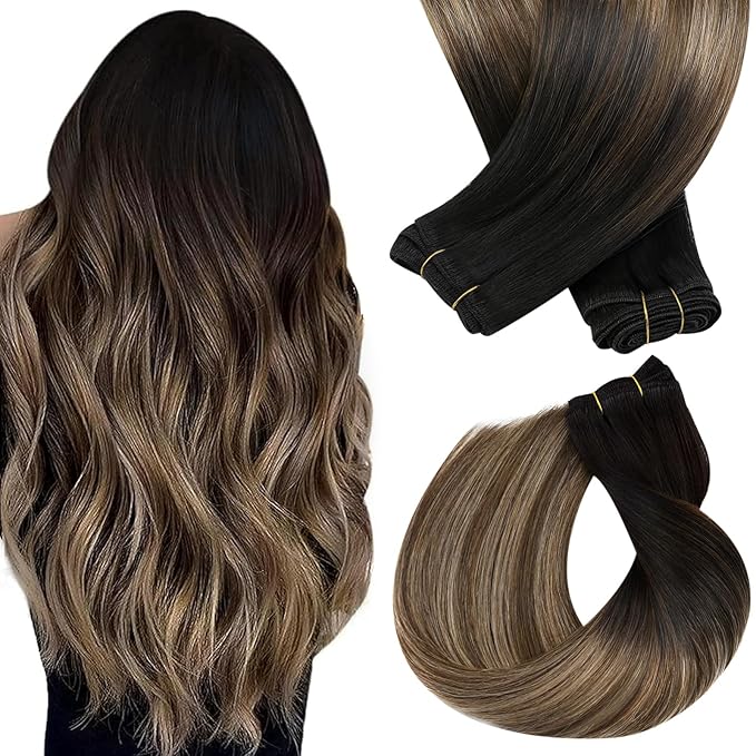 Sunny Hair 22 Inch Human Hair Extensions Sew in Ombre Weft Hair Extensions Human Hair Black Roots to Brown Mix Light Blonde Balayage Hair Extensions Sew in Long Hair 100g