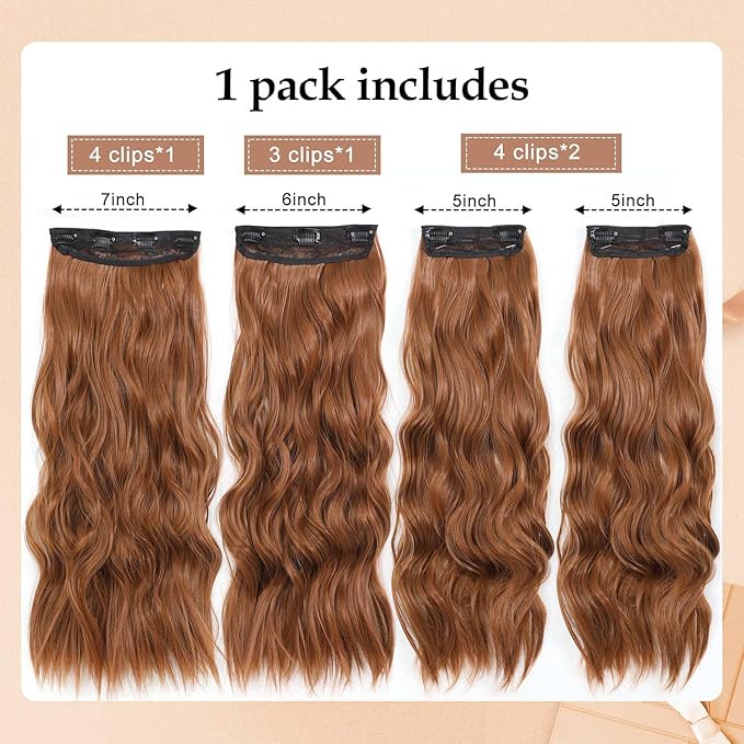 20 Inch Clip in Hair Extensions for Women, Synthetic 4pc Hair Extensions Clip in Hair Long Curly Wavy Hair Extension, Double Weft Hairpieces Full Head for Women (20INCH, 30c)