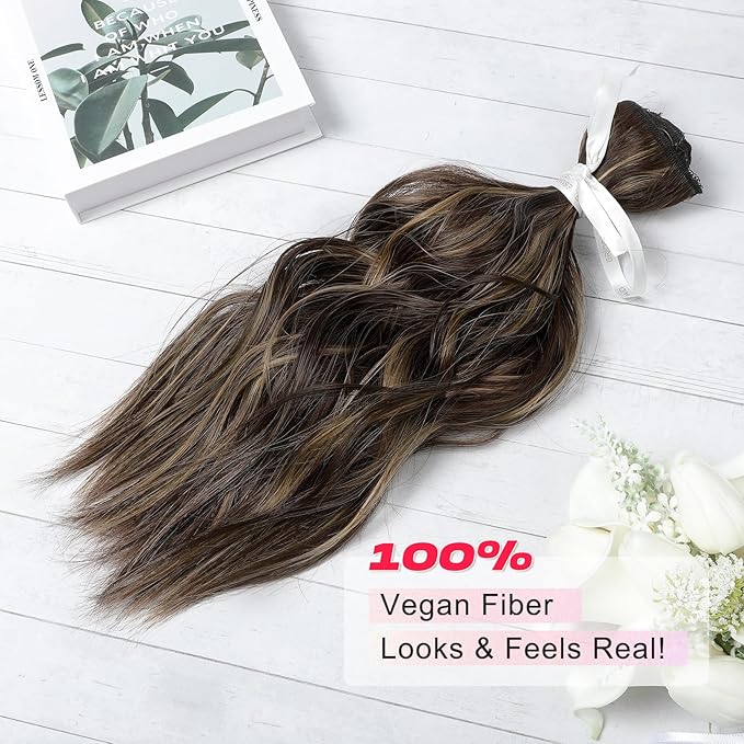 Hair Extensions, 14" Short Clip in Hair Extensions 4PCS Beach Wave Blonde Natural Soft Synthetic Hairpiece for Women - Dark Brown with Highlights
