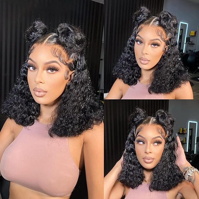 Deep Curly Bob Wig Human Hair 13x4 HD Lace Frontal Wigs Pre Plucked 180% Density Wet and Wavy Lace Front Bob Wigs Human Hair Glueless for Black Women 14 Inch