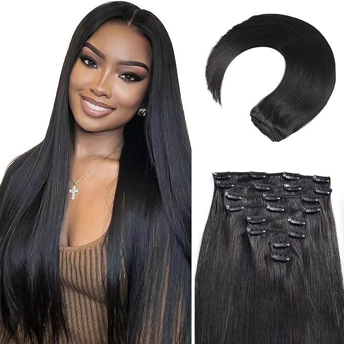 Clip in Hair Extensions Real Human Hair, 18 Inch 100g, 1B Natural Black, Invisible Seamless Straight Remy Human Hair Clip in Extensions for Women 8pcs Per Set with Double Weft