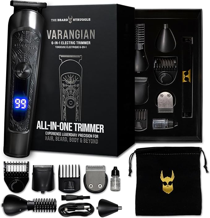 The Beard Struggle Varangian Beard Trimmer® 6-in-1 for Hair, Beard, Body & Beyond, Titanium Blade, 17 Length Adjustable Blade with Digital LED Display, Cordless Waterproof Wet/Dry Clipper
