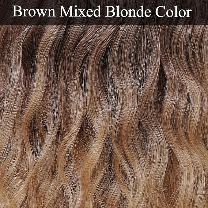 WAVE&BREEZE Brown Mixed Blonde Wigs with Bangs Bob Wavy Wigs for Women 14 Inch Shoulder Length Wig Natural Looking Synthetic Hair Replacement Wigs for Daily Party Use Cosplay Costume Halloween Wig