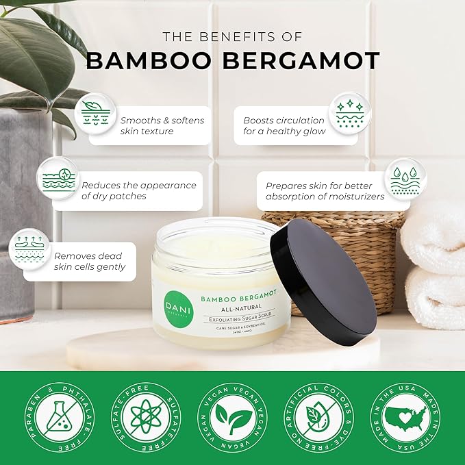 DANI Naturals Sugar Scrub - Exfoliating Bamboo Bergamot – Organic cane sugar and shea butter gently exfoliate and nourish skin, leaving it smooth, refreshed, and hydrated – 14 oz