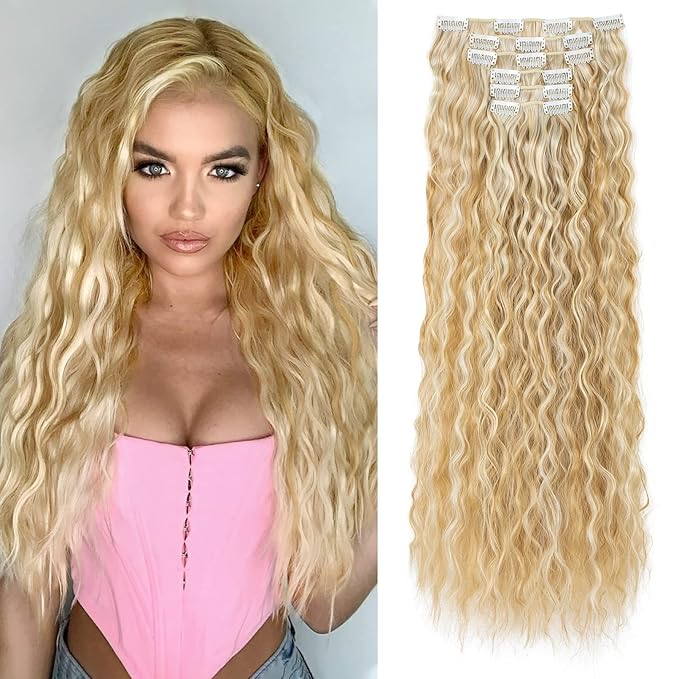 LONAI Clip In Hair Extensions, 6PCS Curly 24" Long Synthetic Clip On Hairpiece For Women Dark Blonde with Highlights