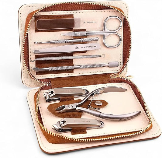 9 in 1 Professional Manicure Pedicure Set - Stainless Steel Nail Clippers, Nano File, Cuticle Nipper, Scissors, Tweezers, Travel PU Leather Case for Men & Women - Gift Ready Brown New