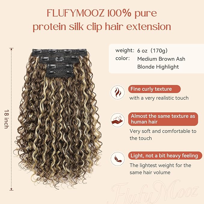 FLUFYMOOZ Clip in Hair Extensions, 18'' 4PC 100％ Pure Protein Silk Curly Hair extension for Women Lace Weft Hairpiece Natural Soft and comfortable for Daily Use-Medium Brown Ash Blonde Highlight