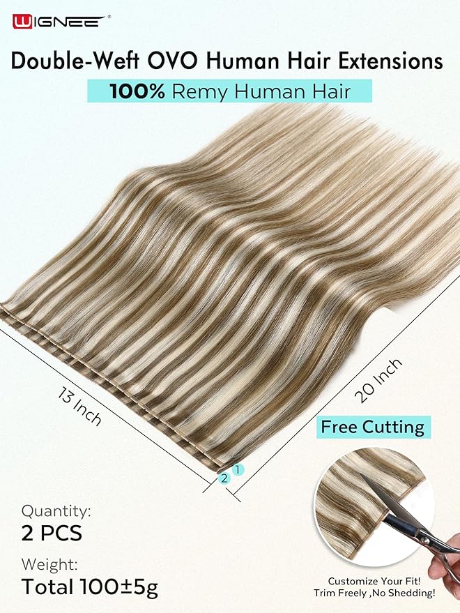 WIGNEE New Double Layered PU OVO Hair Extensions Blonde Ombre Straight Human Hair Weft with Holes 100% Remy Human Hair 20 Inch Human Hair Extensions Glueless for Thin Hair(9A/60)